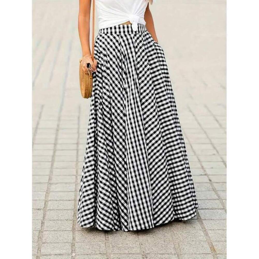 Women's Elegant Plaid Mid-Length High Waist Flared Skirt With Draping Effect, Sp - Picture 2 of 4